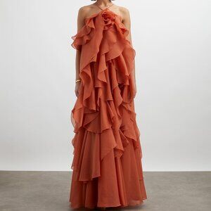 Aje Pandorea Layered Floral Ruffle Coral Clay Maxi Dress AU10/US6